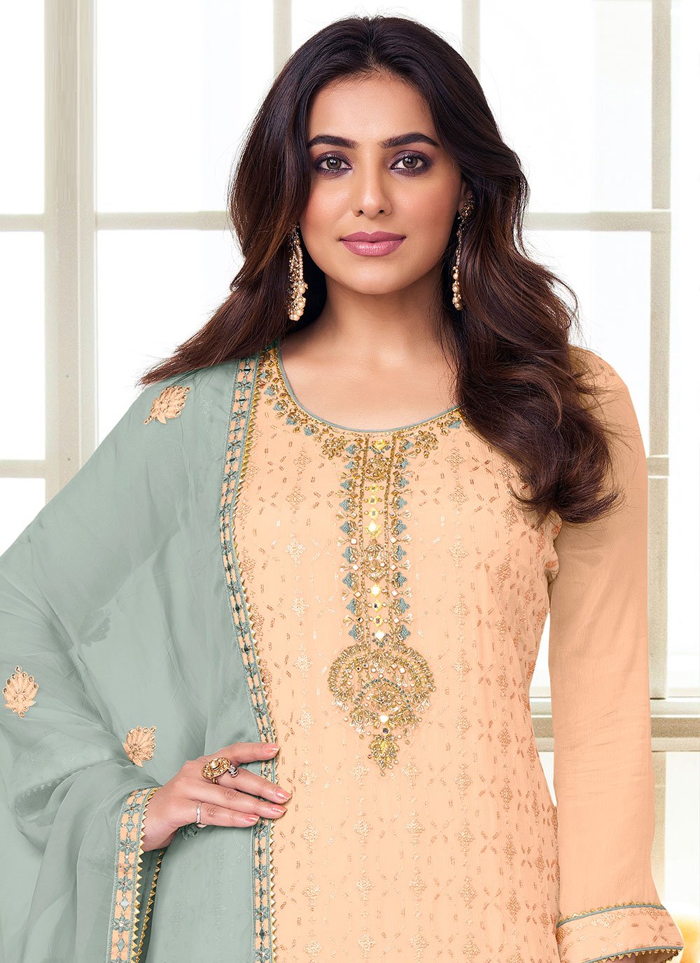 Palazzo Salwar Suit Chinon Peach Embroidered Salwar Kameez