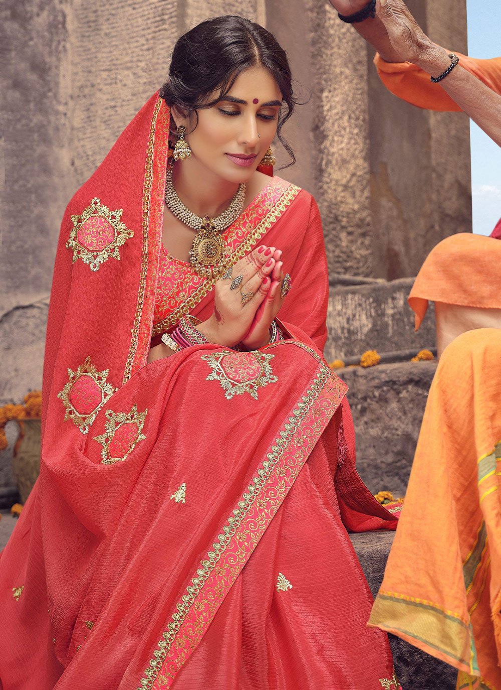 Classic Chinon Pink Embroidered Saree