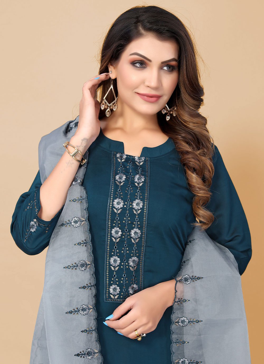 Salwar Suit Chinon Blue Embroidered Salwar Kameez