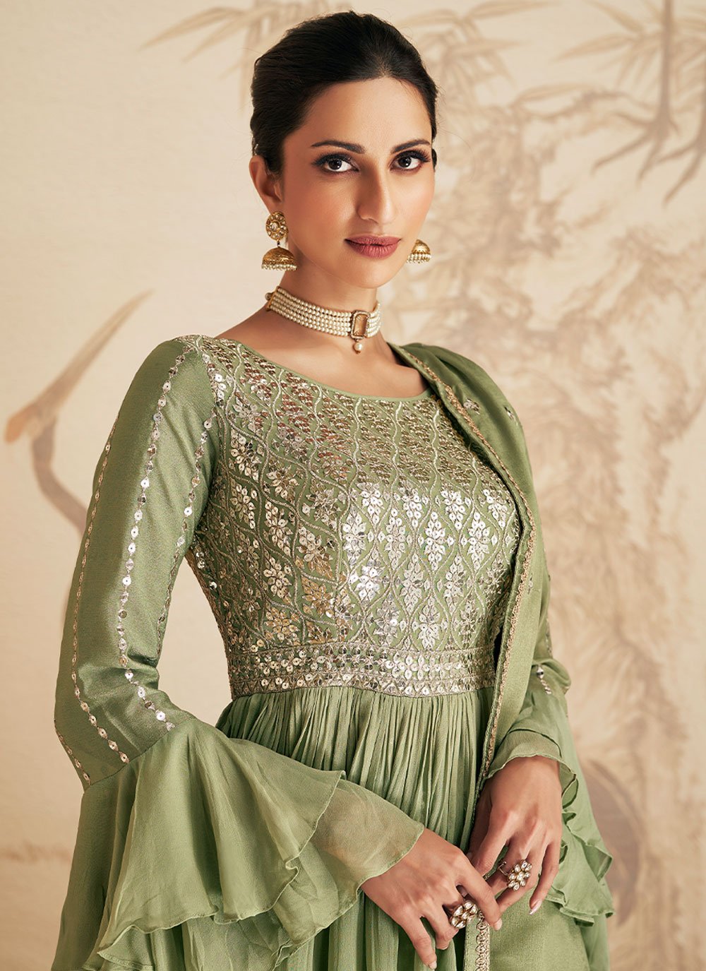 Pakistani Salwar Suit Chinon Georgette Sea Green Sequins Salwar Kameez
