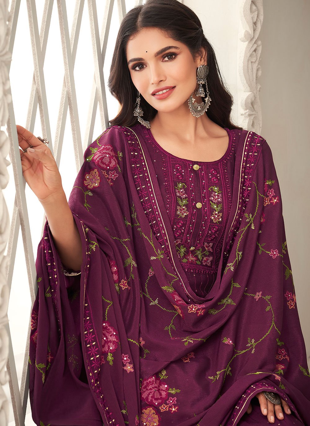 Straight Salwar Suit Chinon Wine Sequins Salwar Kameez