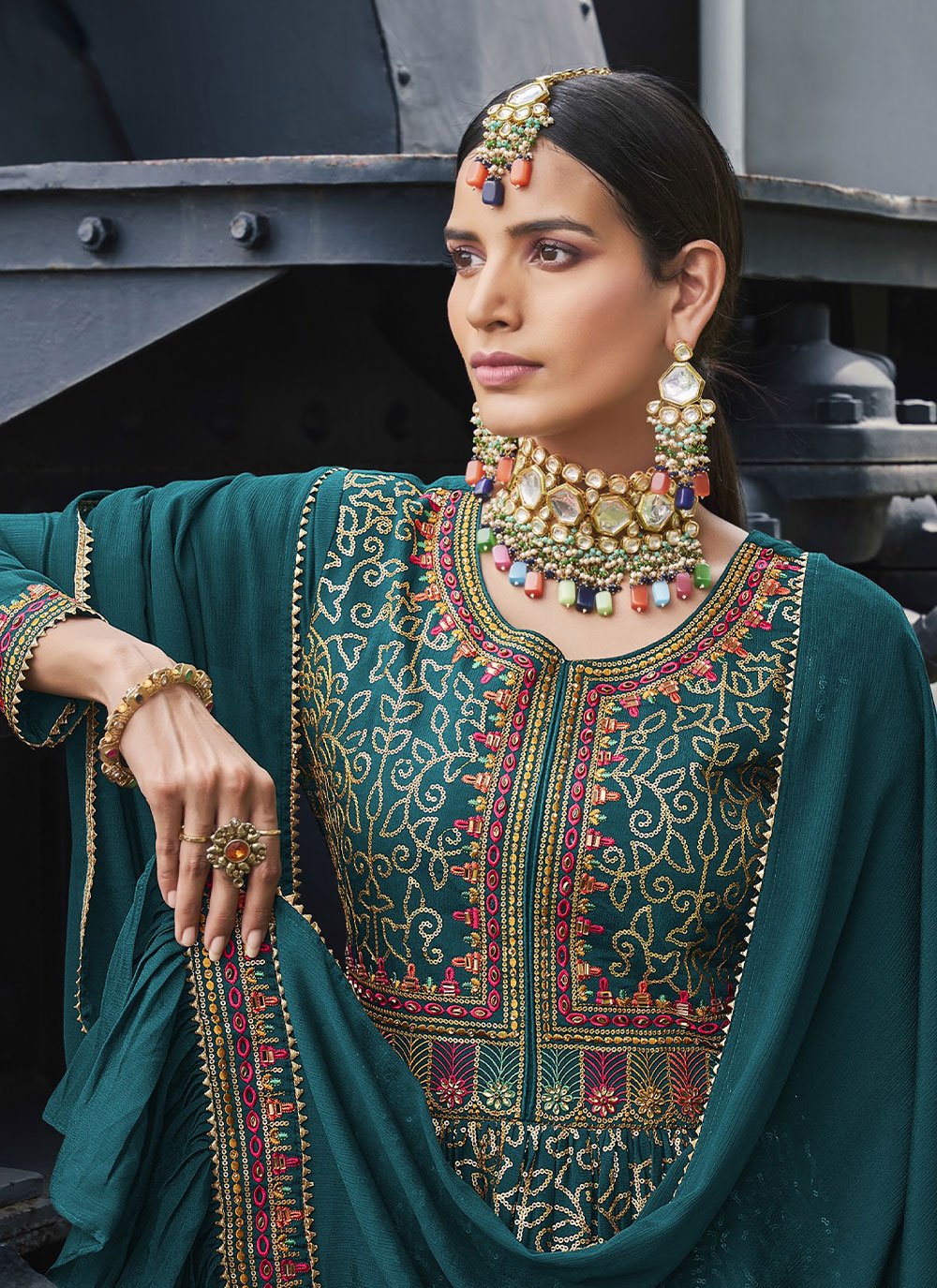 Palazzo Salwar Suit Chinon Teal Embroidered Salwar Kameez