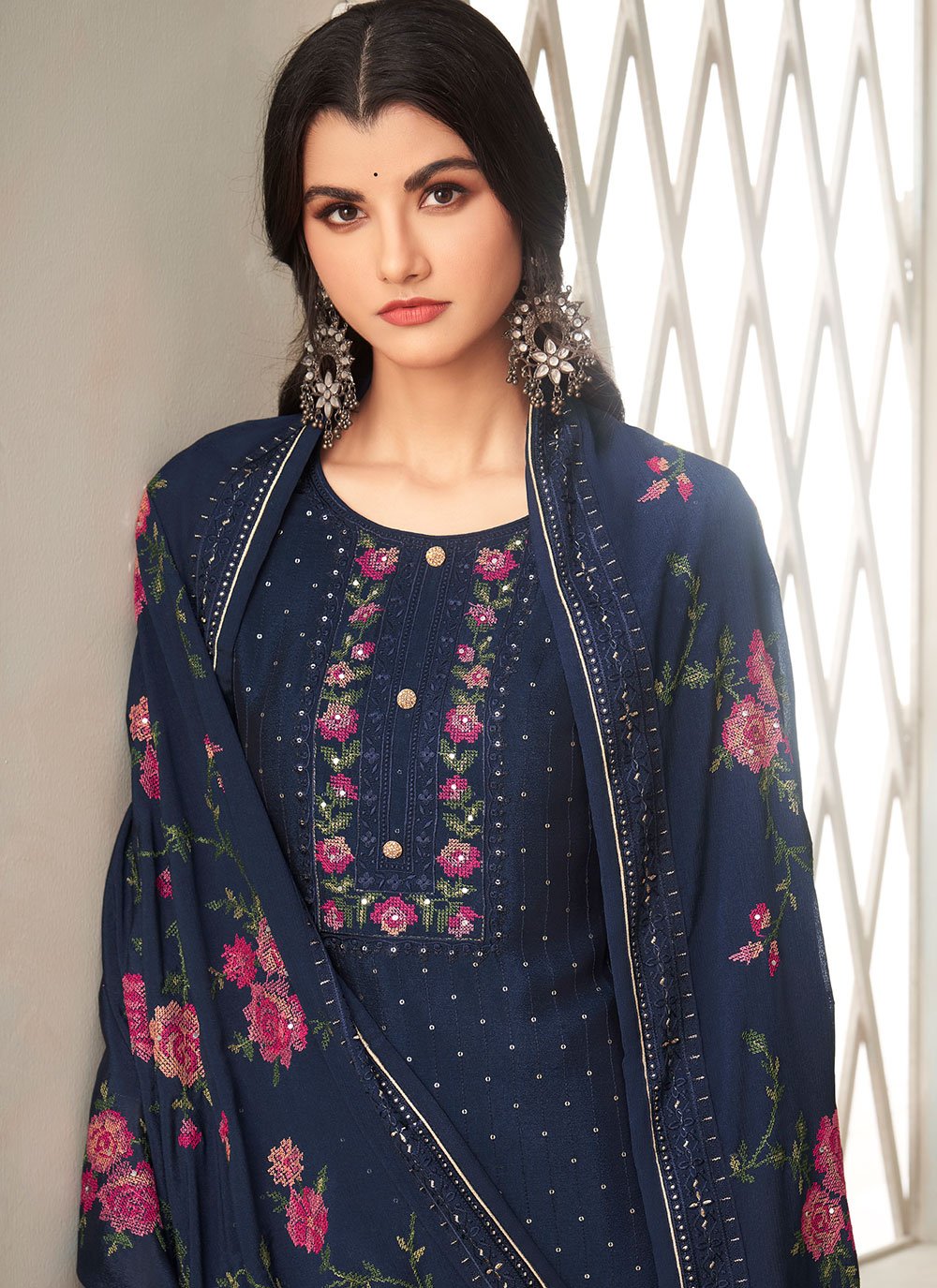 Pant Style Suit Chinon Blue Sequins Salwar Kameez
