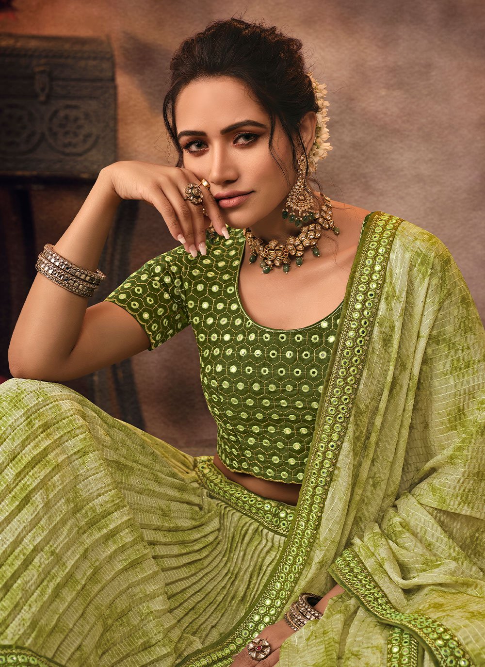 Lehenga Choli Chinon Green Embroidered Lehenga Choli