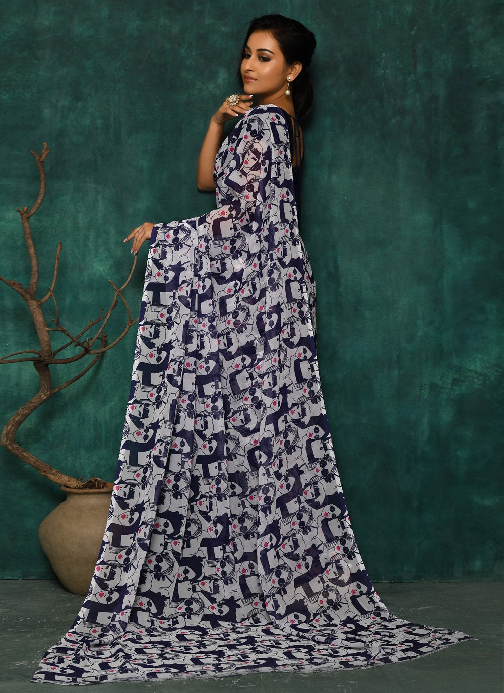 Designer Faux Georgette Blue Digital Print Saree