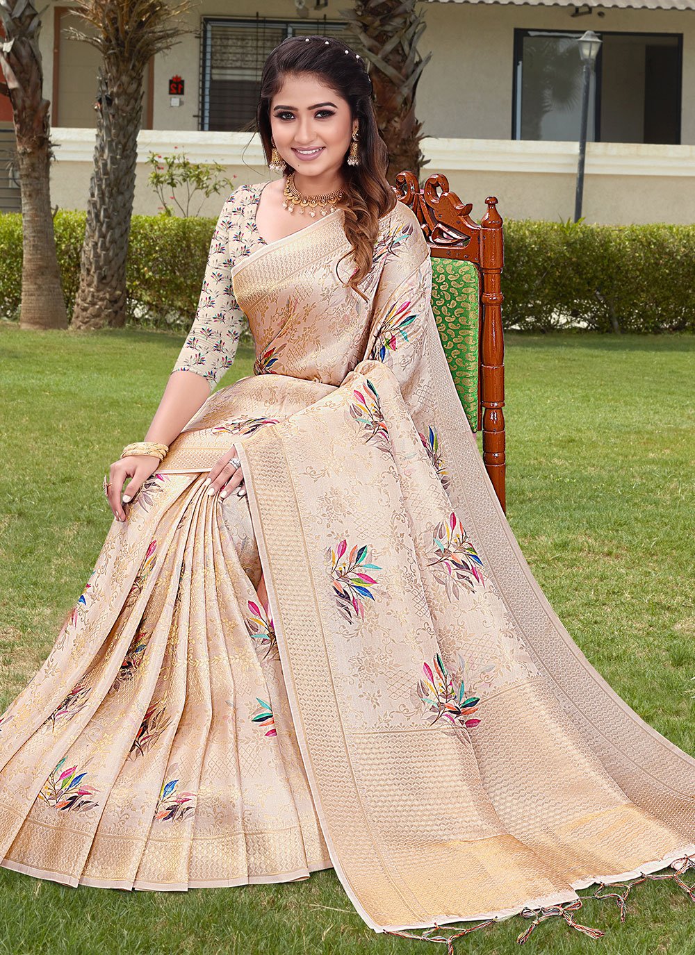 Classic Silk Beige Digital Print Saree