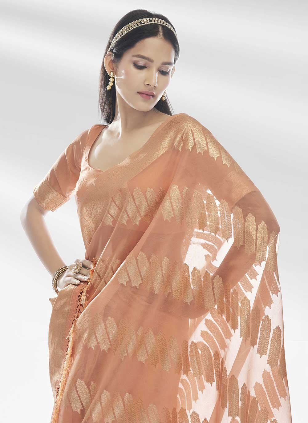 Classic Organza Peach Woven Saree