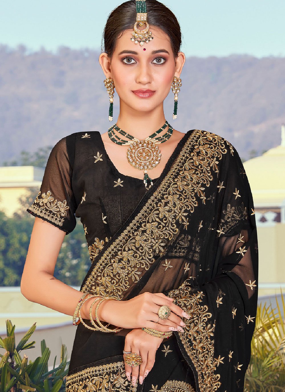 Classic Georgette Black Embroidered Saree