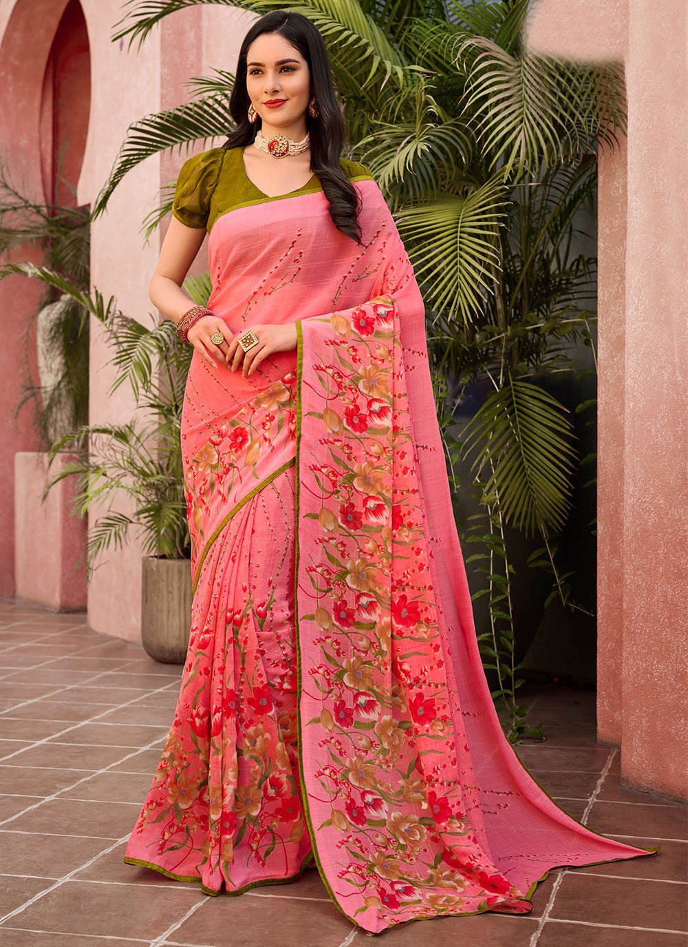 Classic Georgette Pink Print Saree