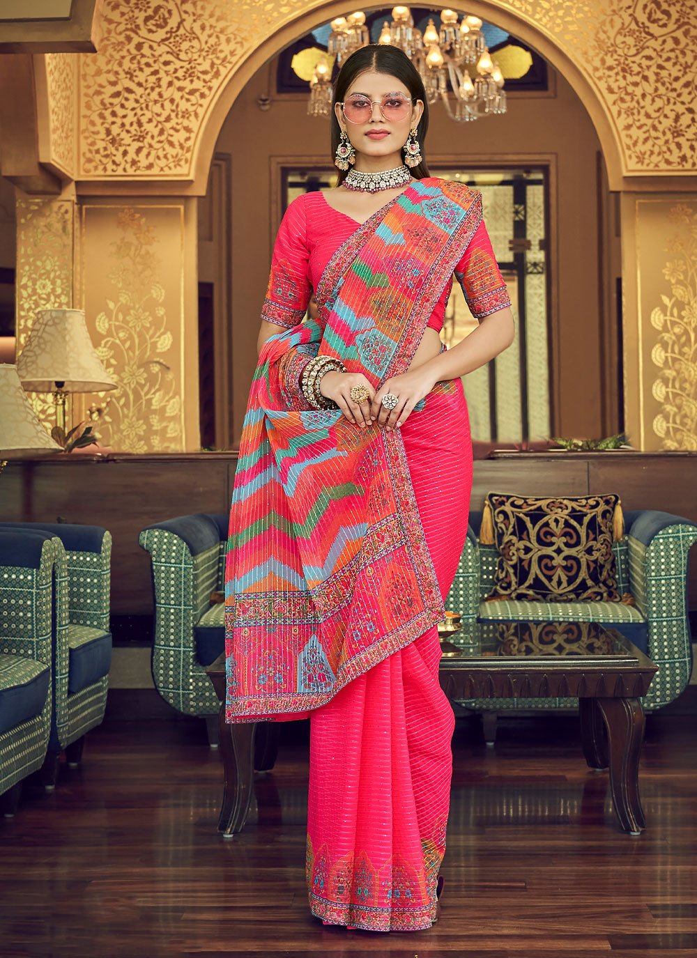 Classic Georgette Pink Print Saree
