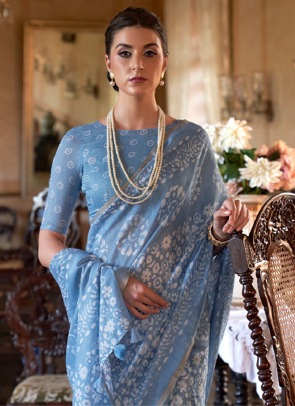 Classic Cotton Aqua Blue Print Saree