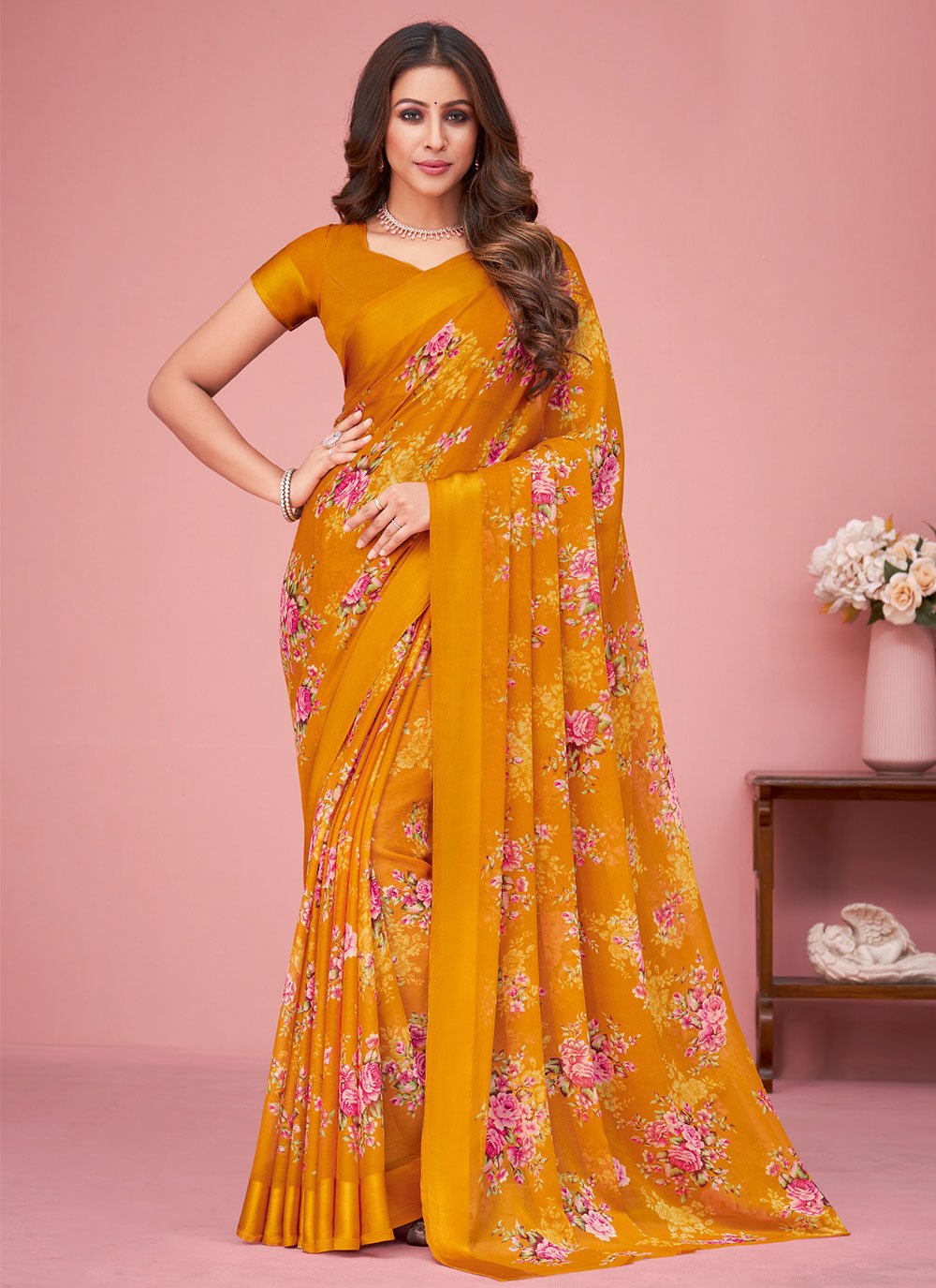 Classic Faux Chiffon Mustard Print Saree
