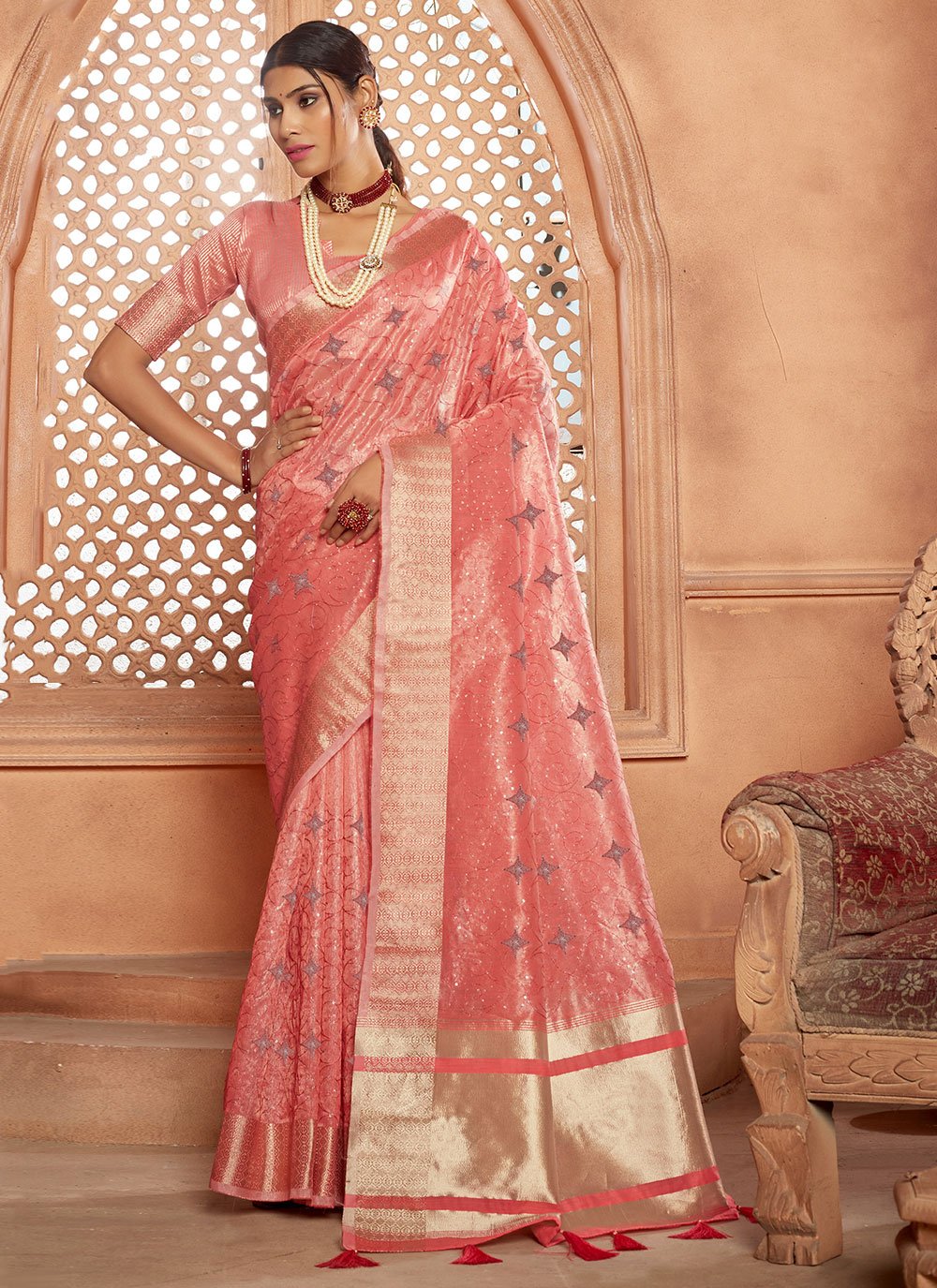 Classic Fancy Fabric Tissue Pink Resham Saree