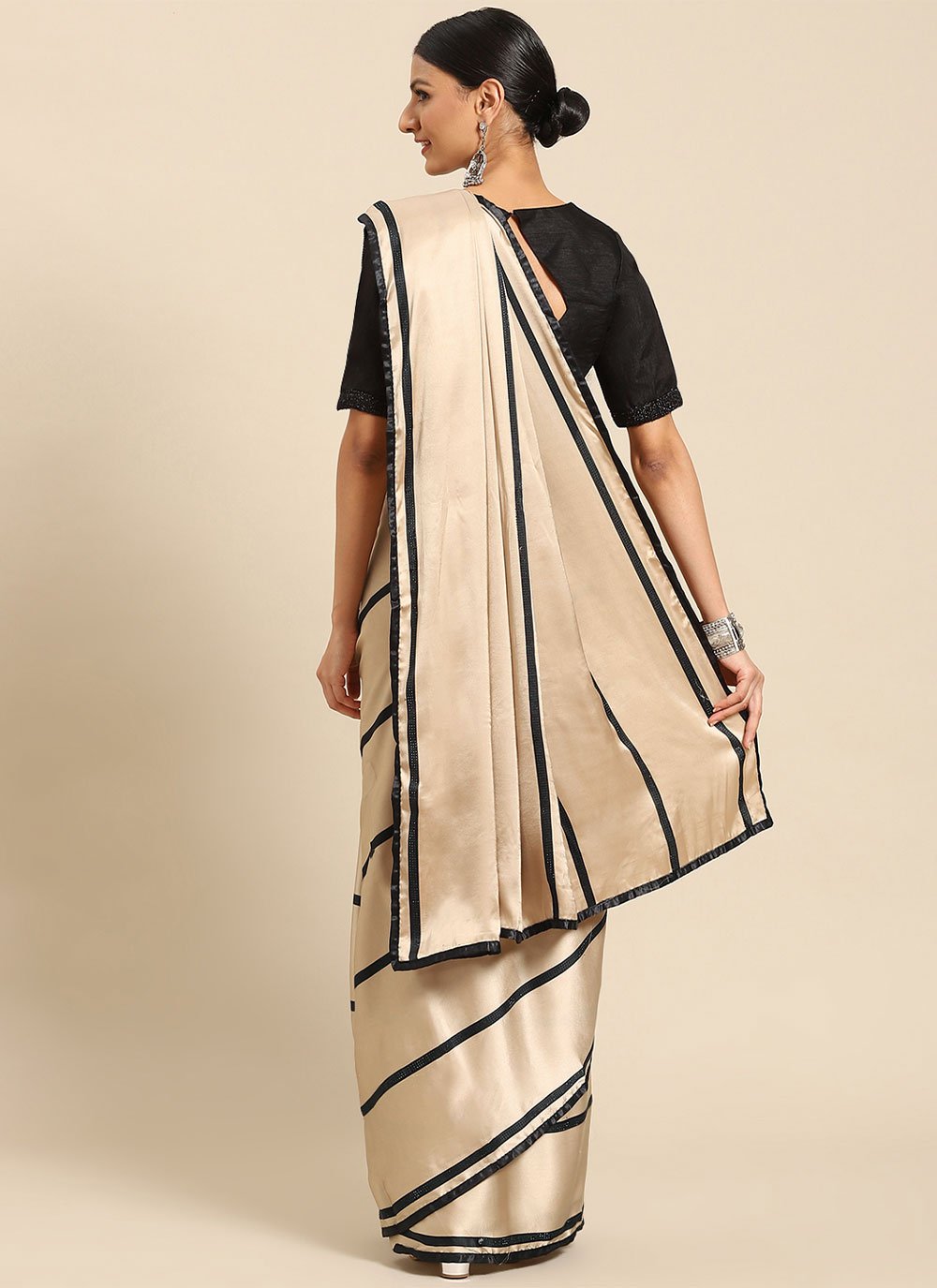 Classic Satin Beige Strips Print Saree