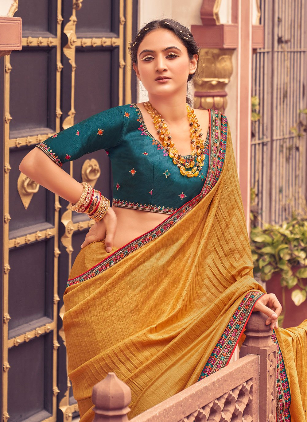 Contemporary Vichitra Silk Yellow Embroidered Saree