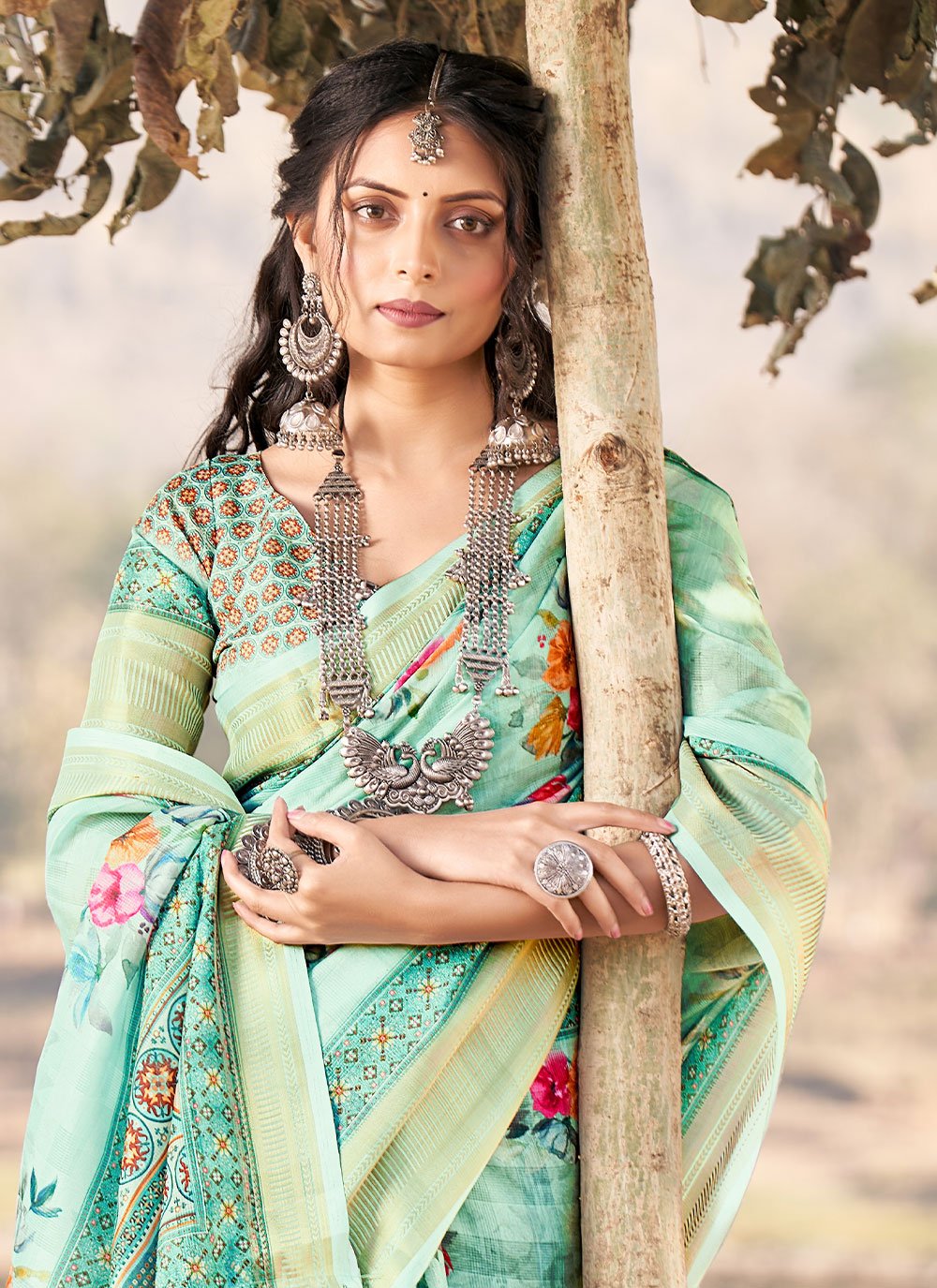 Contemporary Cotton Jacquard Turquoise Patch Border Saree