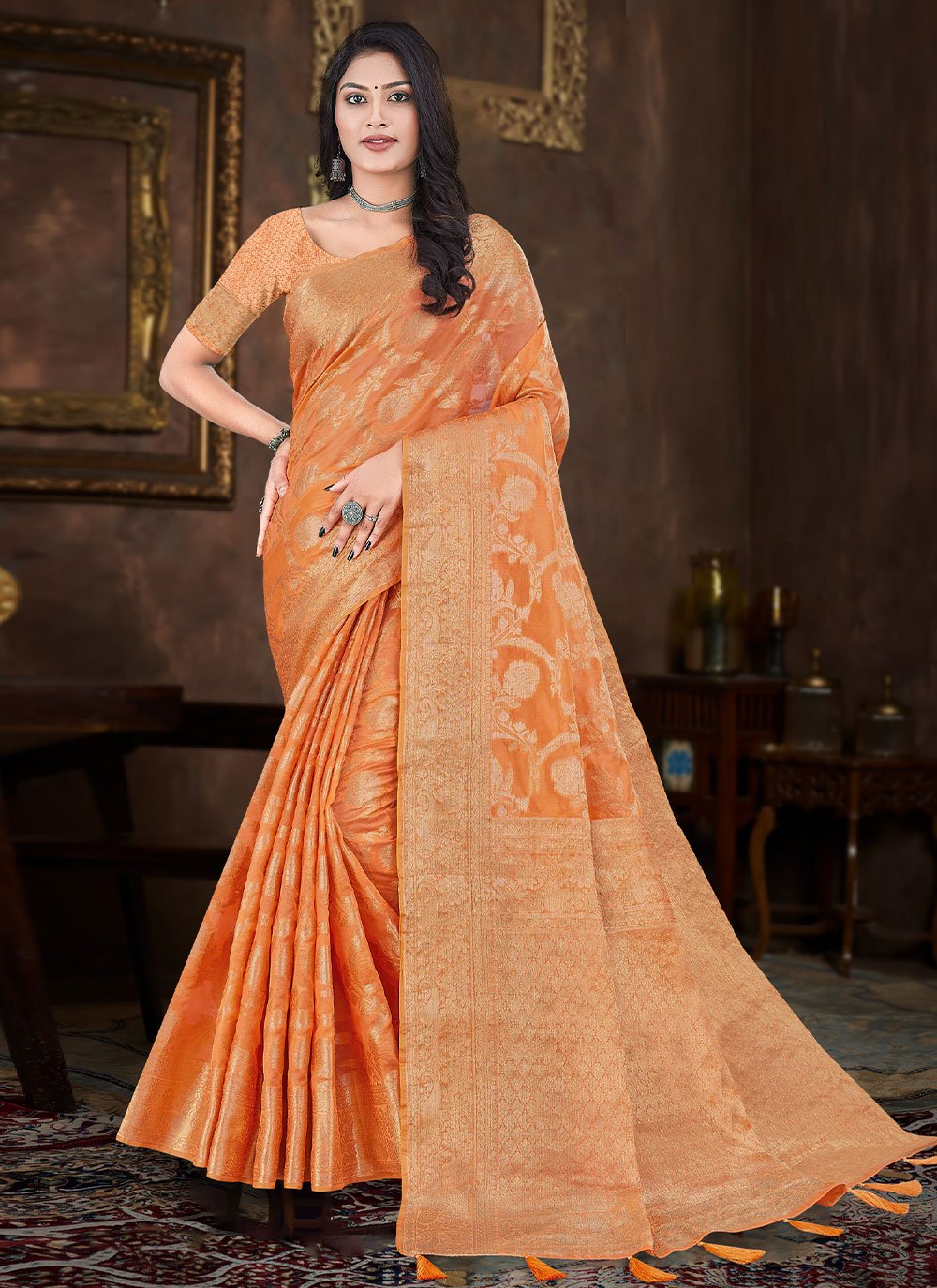 Contemporary Organza Silk Orange Weaving Saree