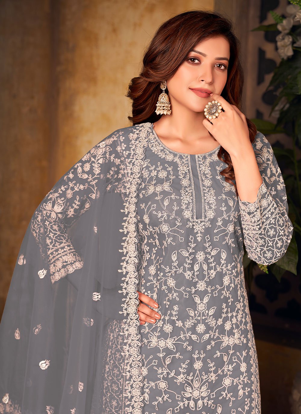 Palazzo Salwar Suit Net Grey Cord Work Salwar Kameez
