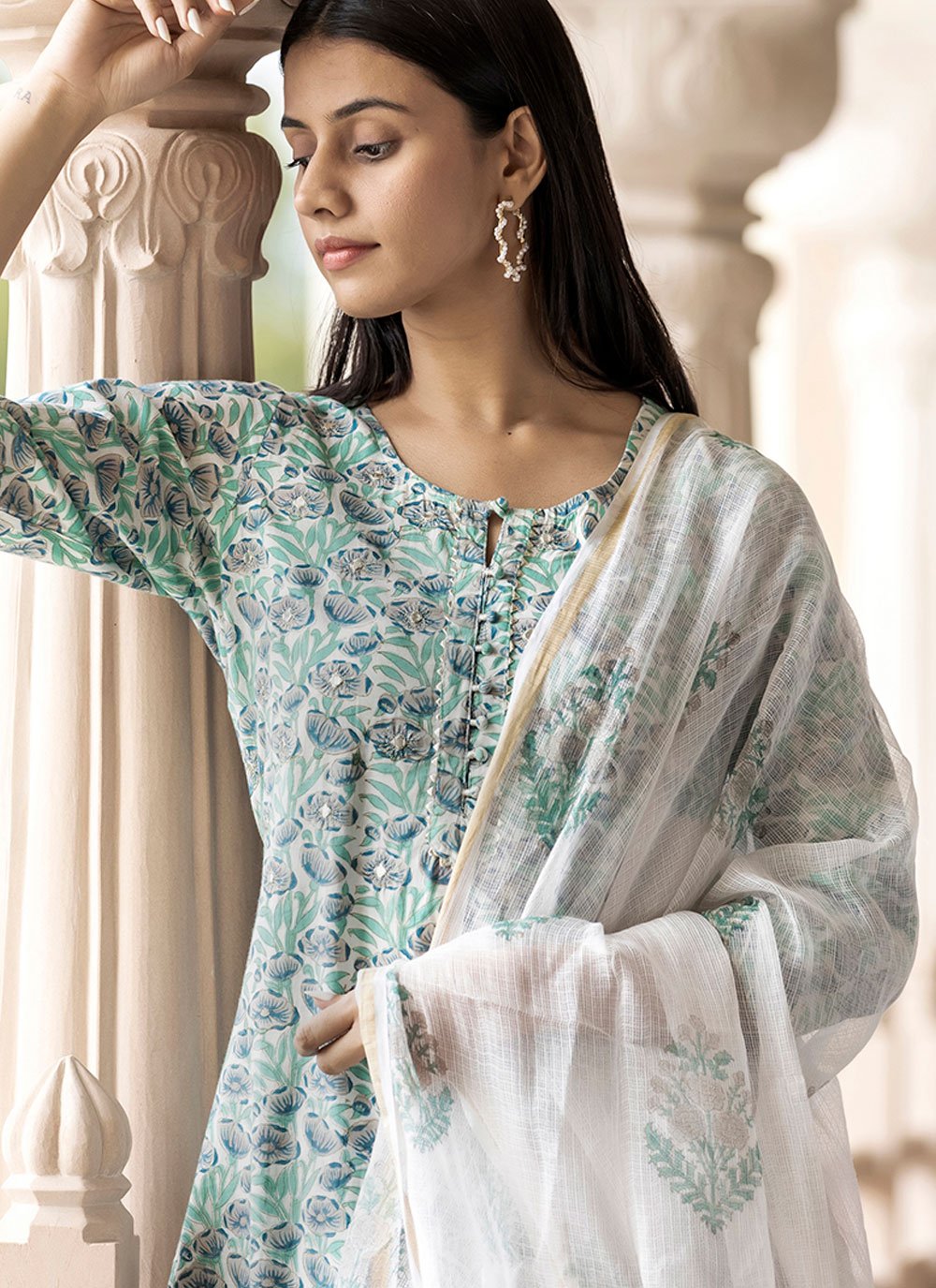 Salwar Suit Cotton Aqua Blue Embroidered Salwar Kameez