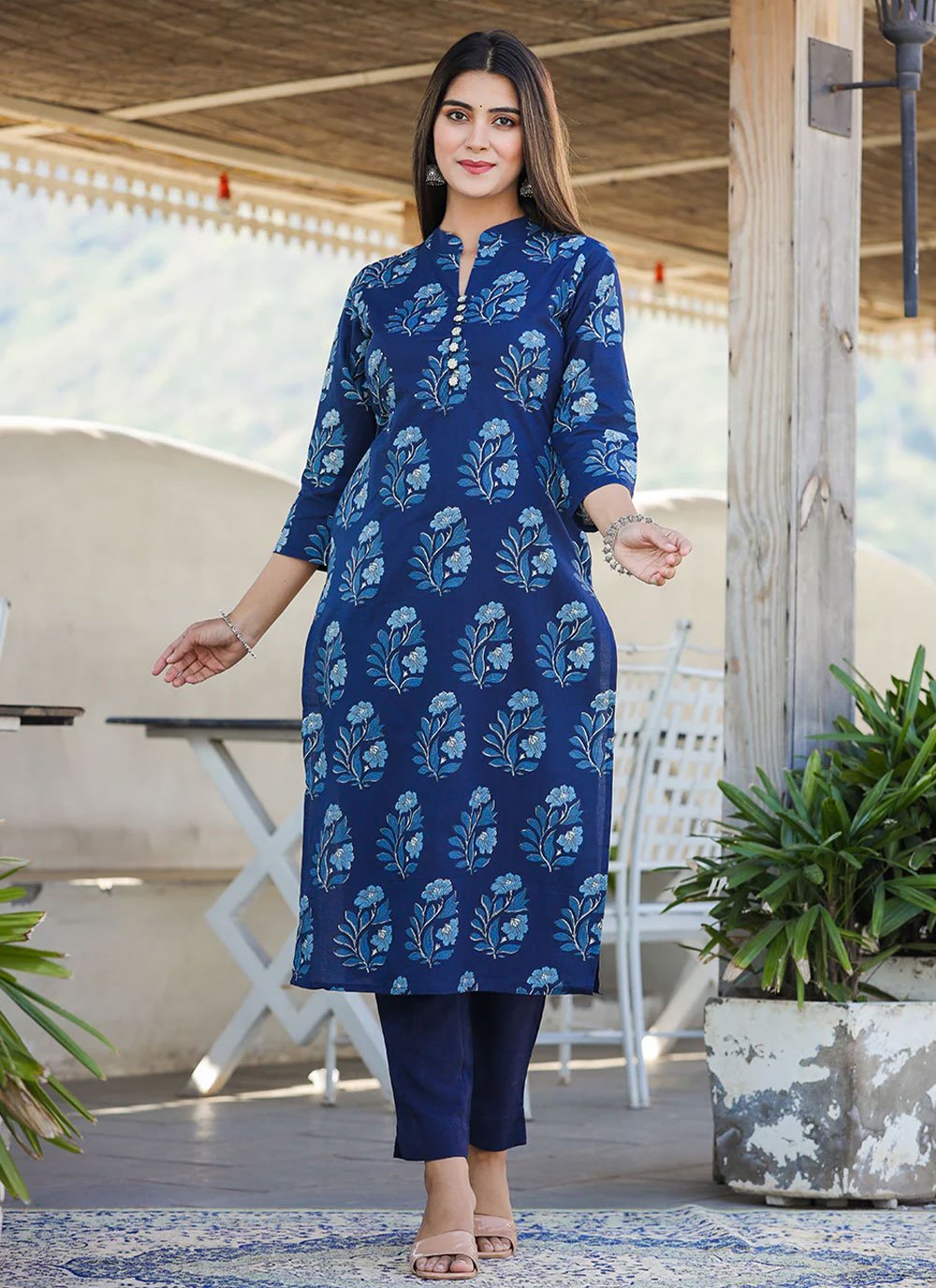 Party Wear Kurti Cotton Blue Print Kurtis Kajols Indian Pakistani Fashion Tailoring