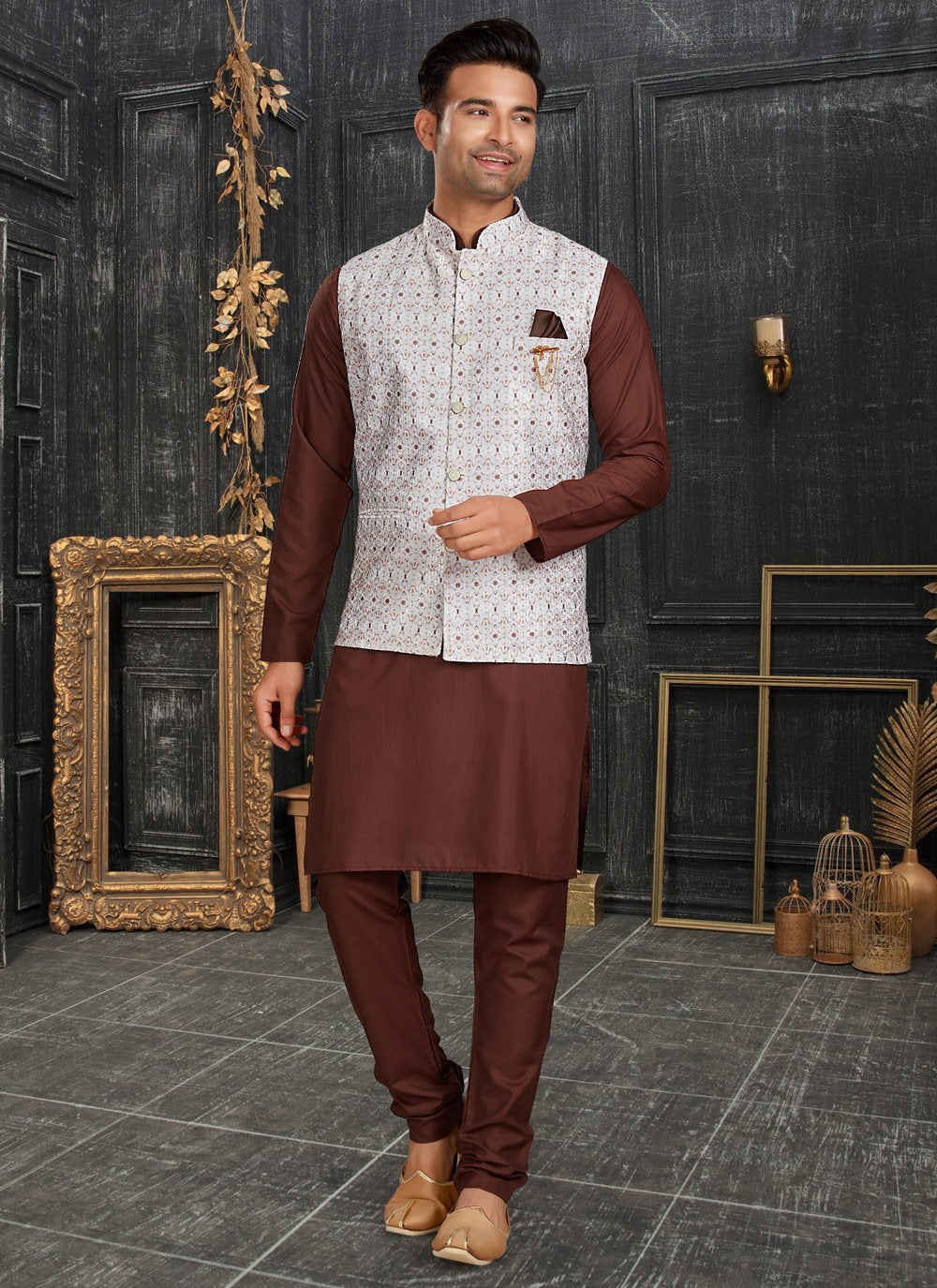 Kurta Payjama With Jacket Cotton Brown Off White Chicken Mens
