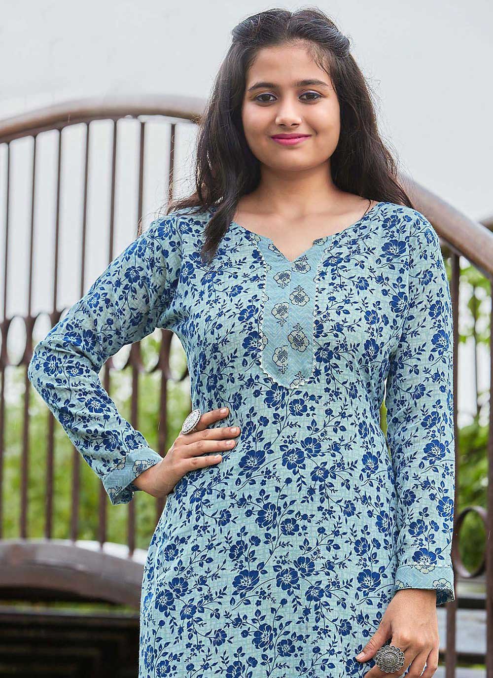 Casual Kurti Cotton Blue Print Kurtis