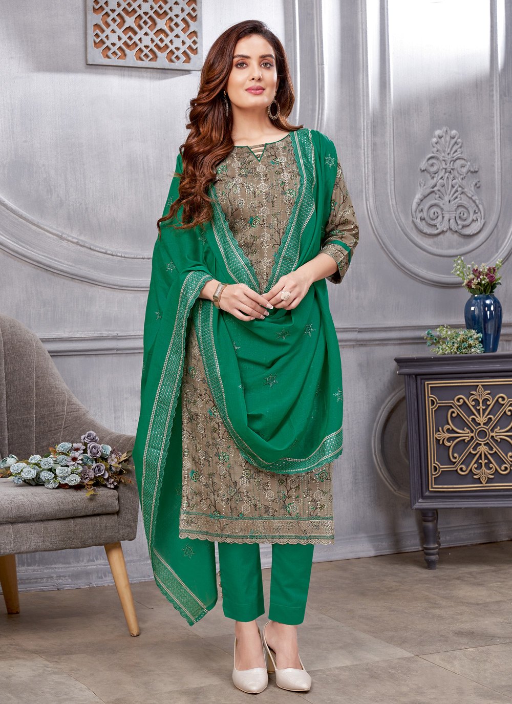 Pant Style Suit Cotton Grey Embroidered Salwar Kameez – Kajols