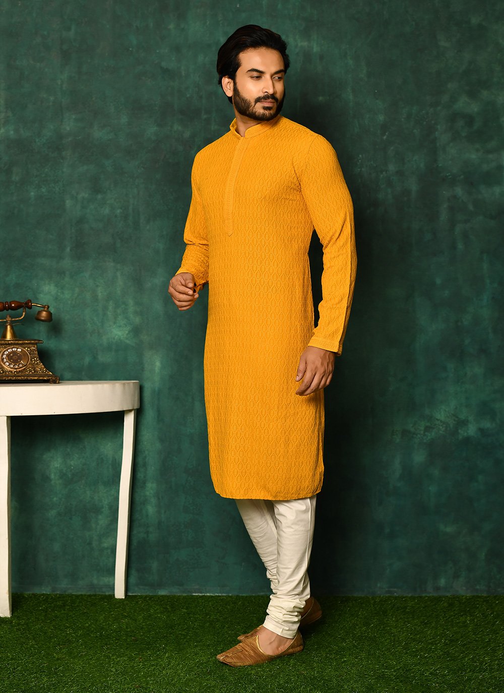 Kurta Pyjama Cotton Mustard Chikankari Work Mens