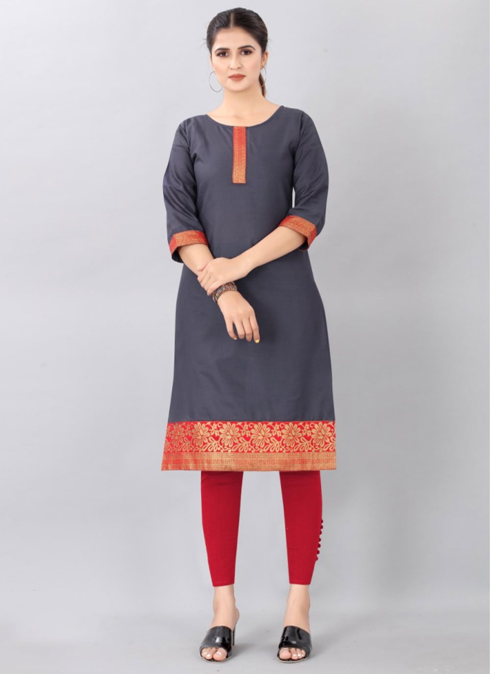 Designer Kurti Cotton Grey Jacquard Work Kurtis
