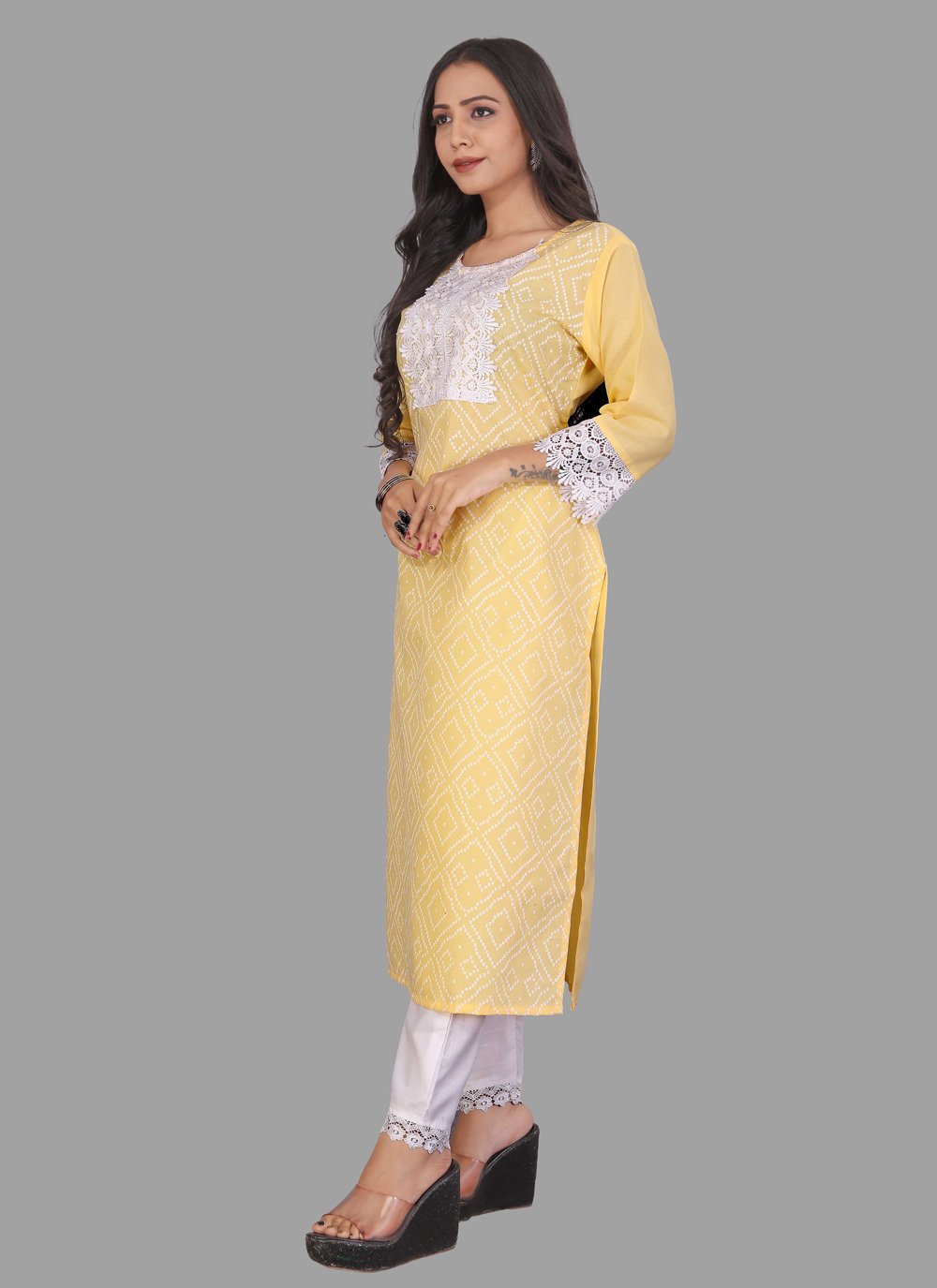 Designer Kurti Cotton Yellow Embroidered Kurtis