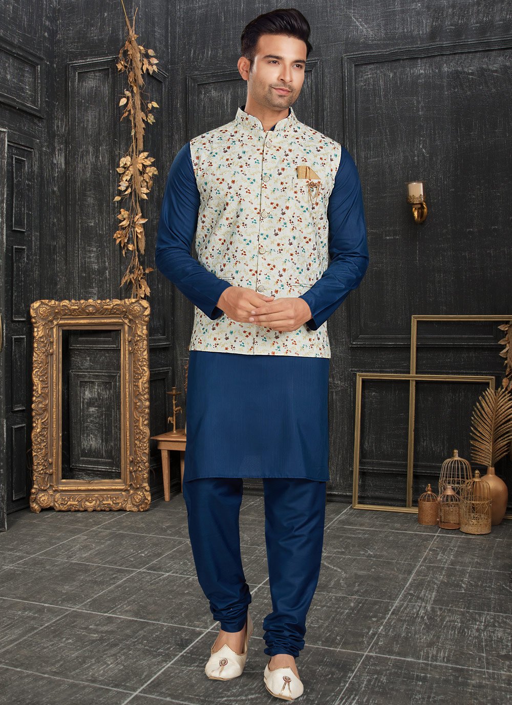 Kurta Payjama With Jacket Cotton Blue Cream Chicken Mens