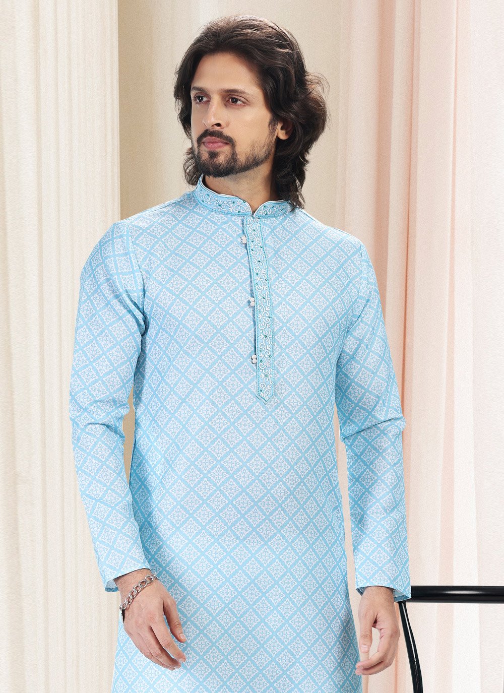 Kurta Pyjama Cotton Blue Fancy Work Mens