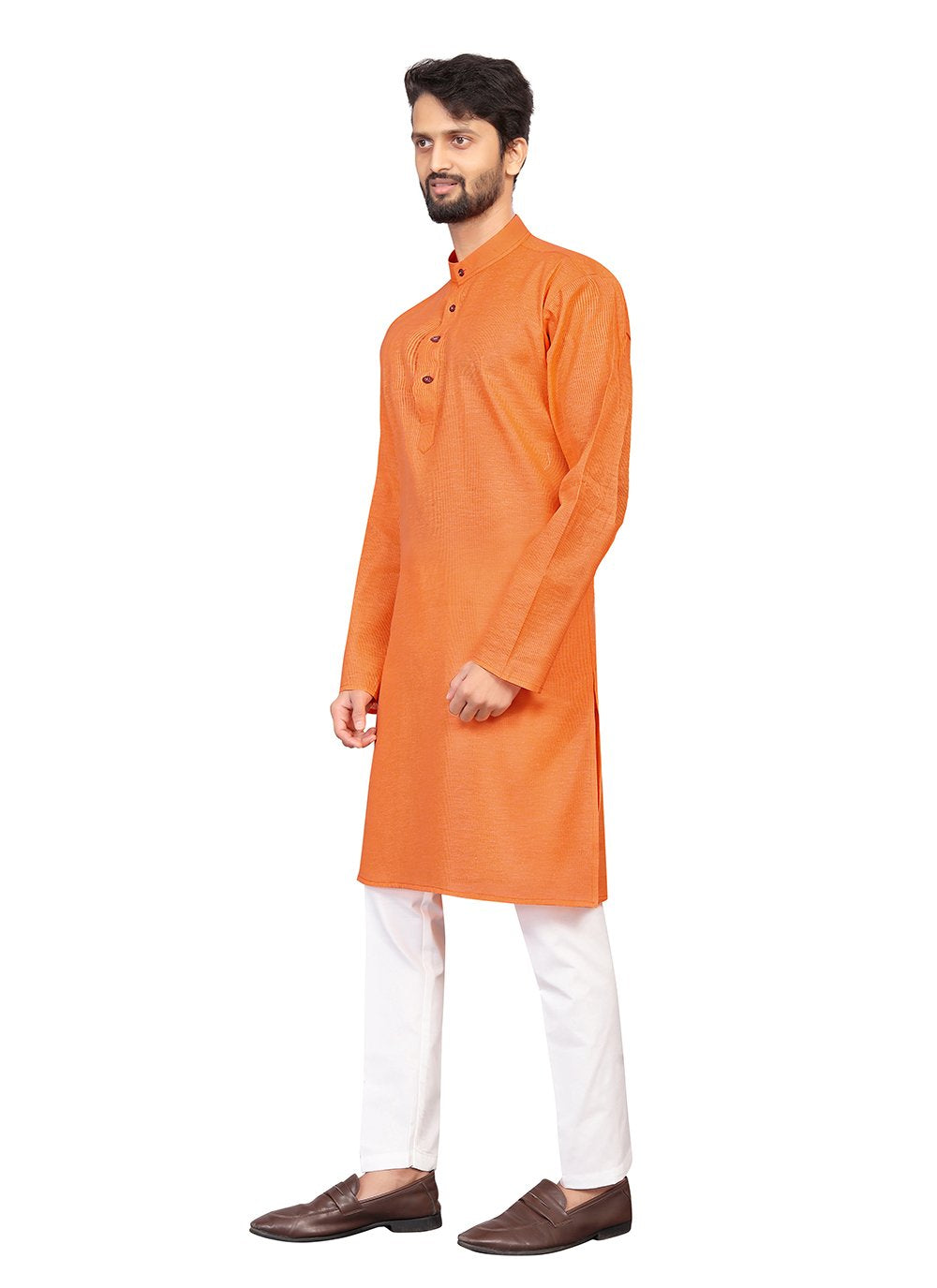 Kurta Pyjama Cotton Orange Fancy Work Mens