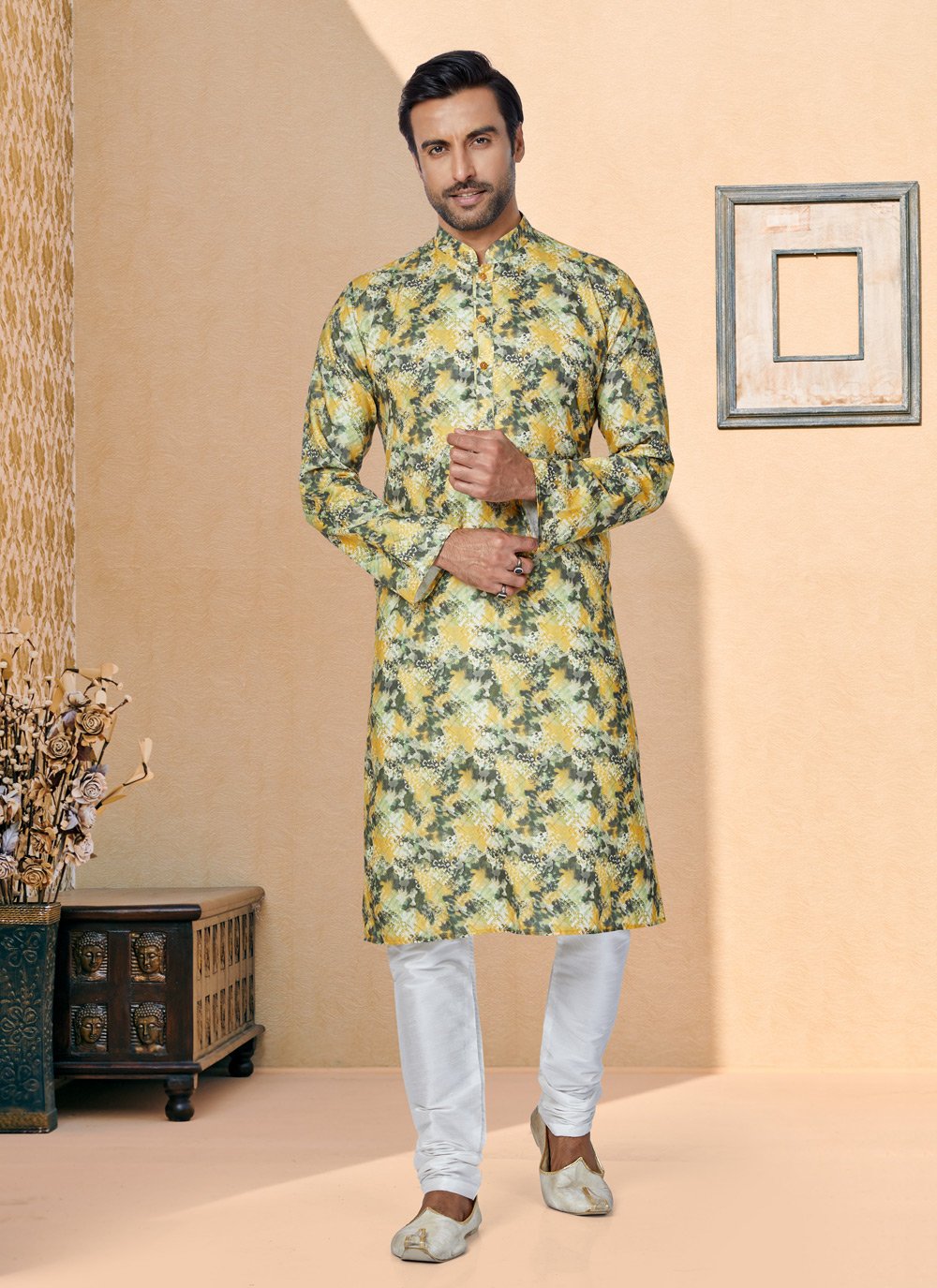 Kurta Pyjama Cotton Green Yellow Digital Print Mens