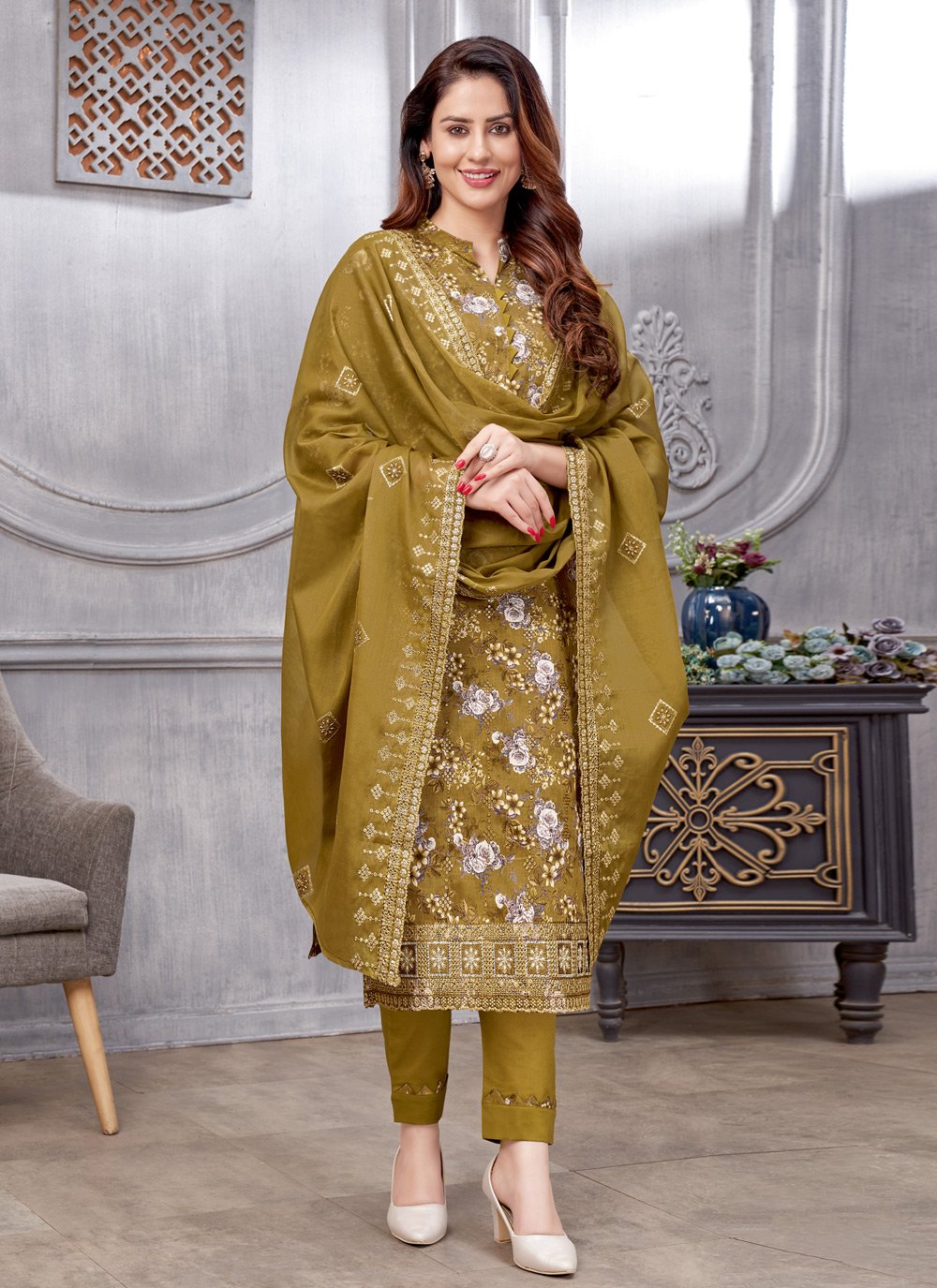 Pant Style Suit Cotton Green Embroidered Salwar Kameez