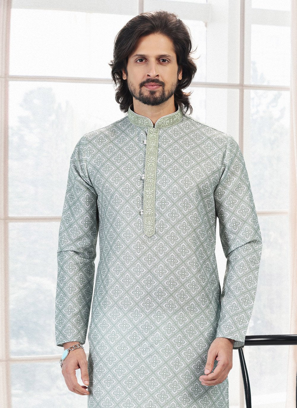 Kurta Pyjama Cotton Green Fancy Work Mens