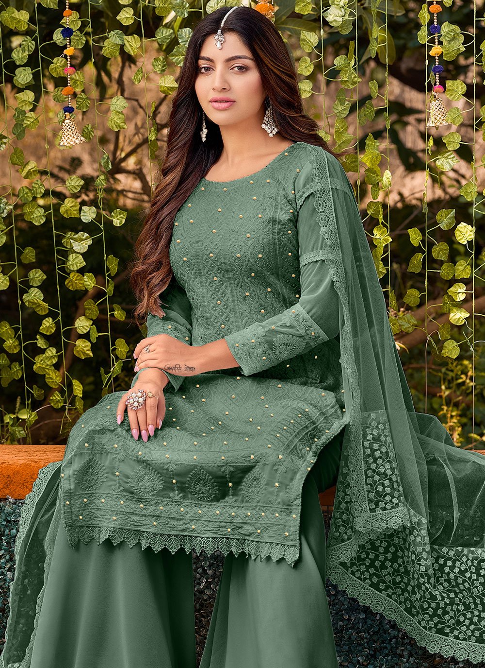 Palazzo Salwar Suit Cotton Faux Georgette Green Embroidered Salwar Kameez