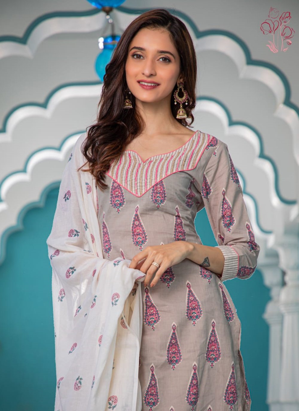 Designer Kurti Cotton Grey Fancy Work Kurtis