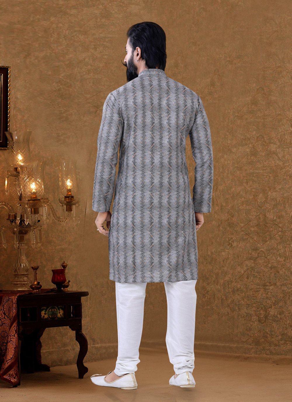 Kurta Pyjama Cotton Grey Digital Print Mens