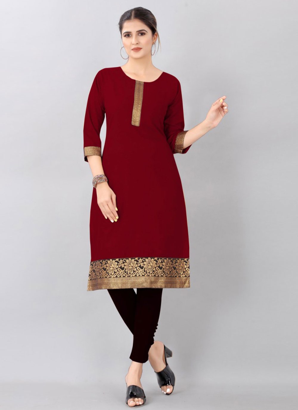 Party Wear Kurti Cotton Maroon Jacquard Work Kurtis