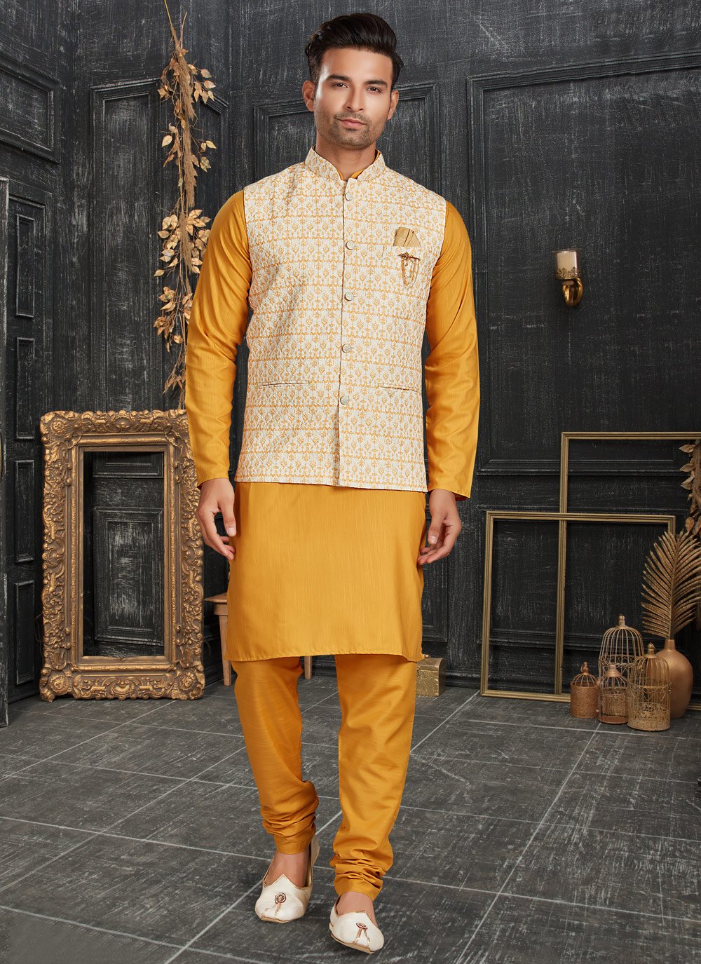 Kurta Payjama With Jacket Cotton Cream Yellow Chicken Mens