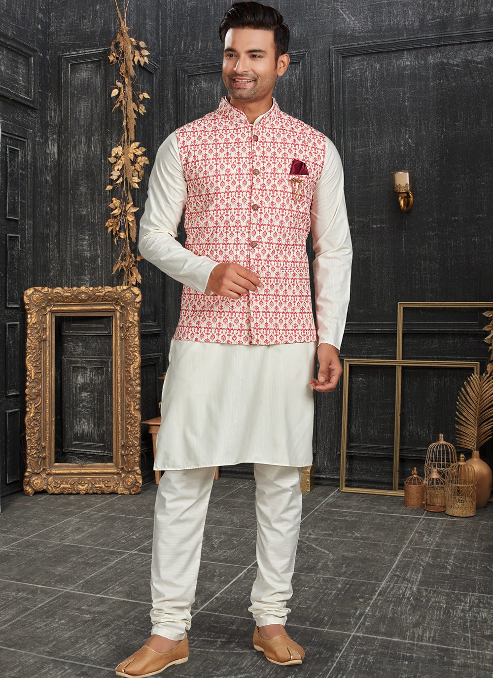 Kurta Payjama With Jacket Cotton Off White Pink Chicken Mens