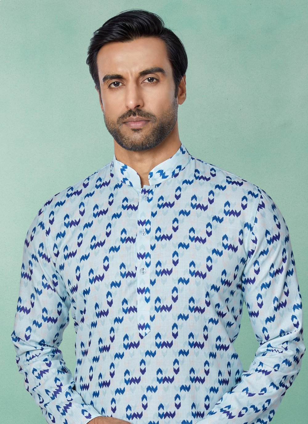 Kurta Pyjama Cotton Blue Multi Colour Digital Print Mens
