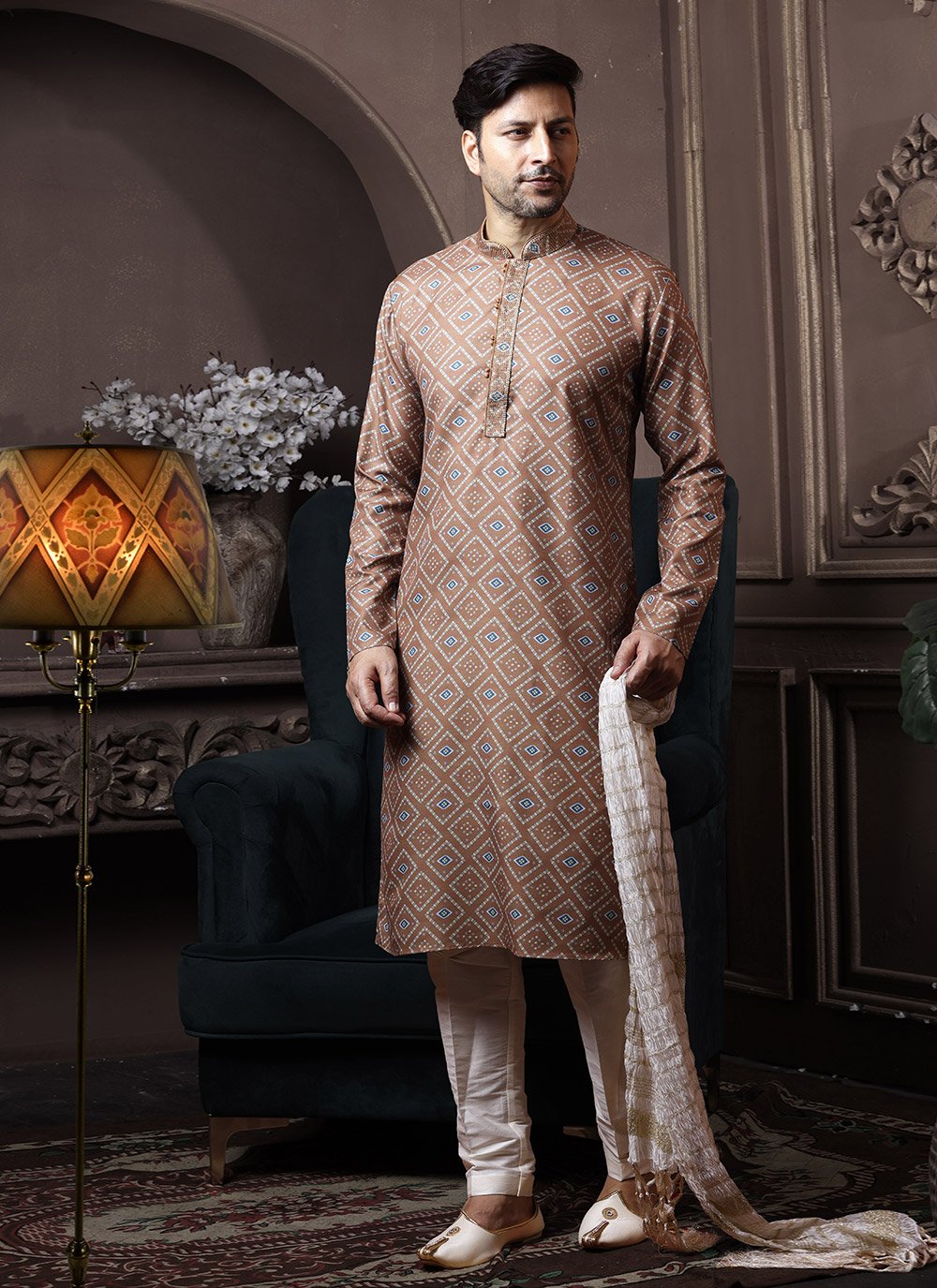 Kurta Pyjama Cotton Brown Print Mens