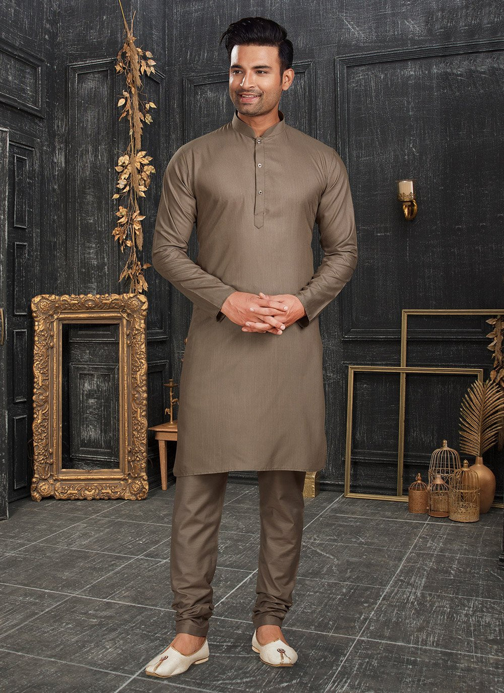 Kurta Pyjama Cotton Brown Plain Mens