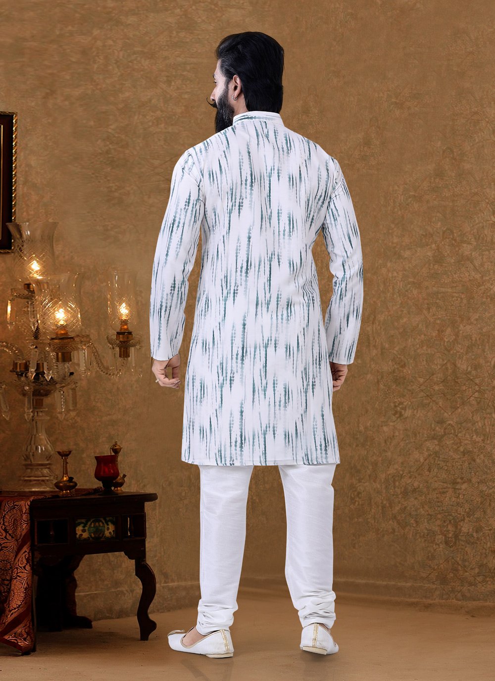 Kurta Pyjama Cotton Off White Digital Print Mens