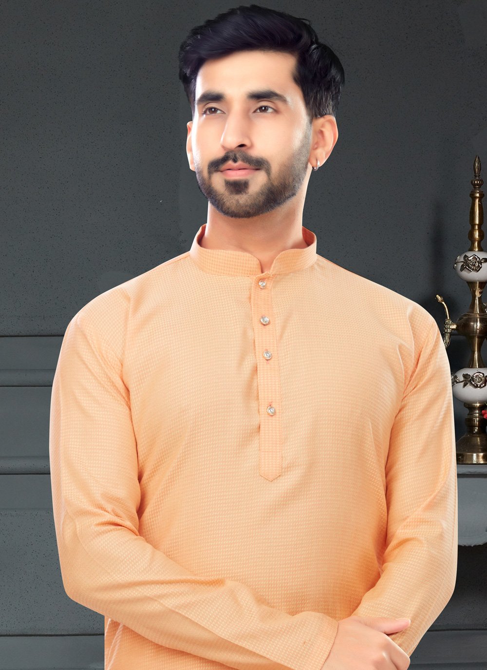 Kurta Pyjama Cotton Jacquard Peach Fancy Work Mens
