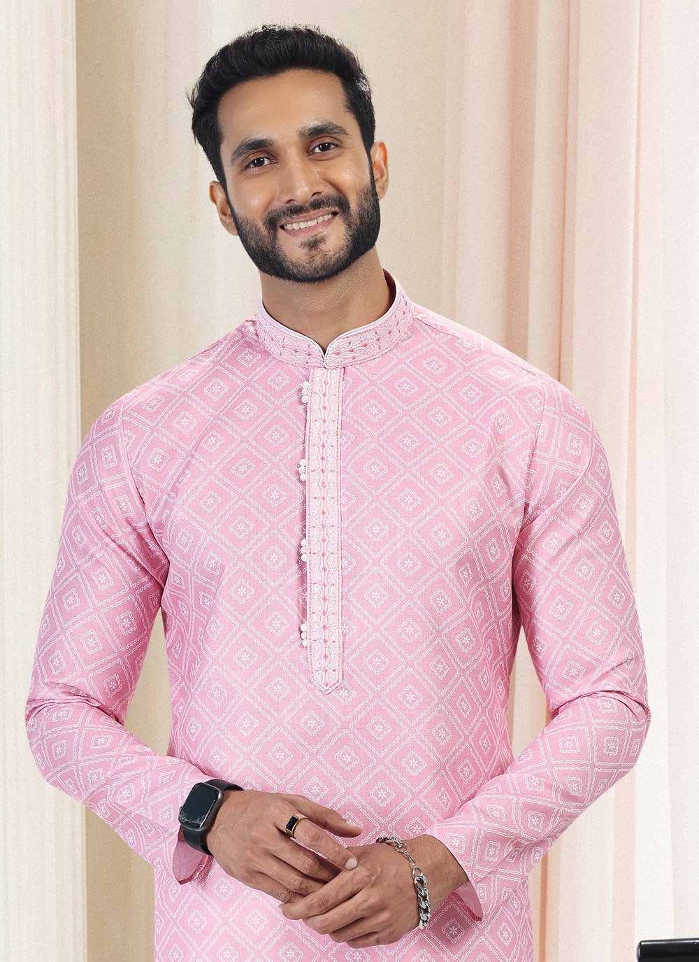 Kurta Pyjama Cotton Pink Fancy Work Mens