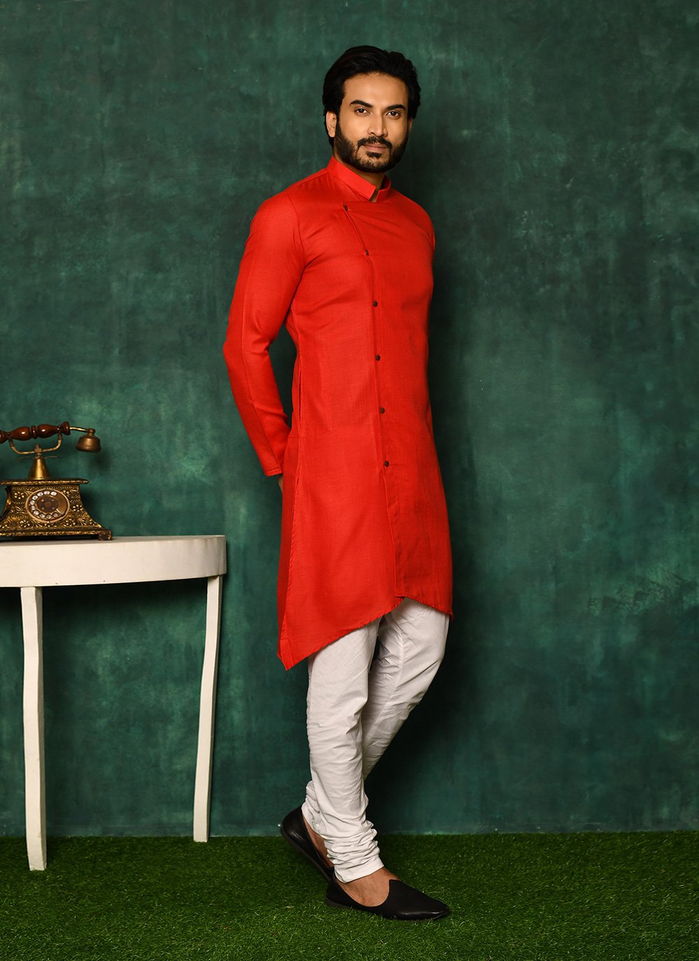 Kurta Pyjama Cotton Red Plain Mens