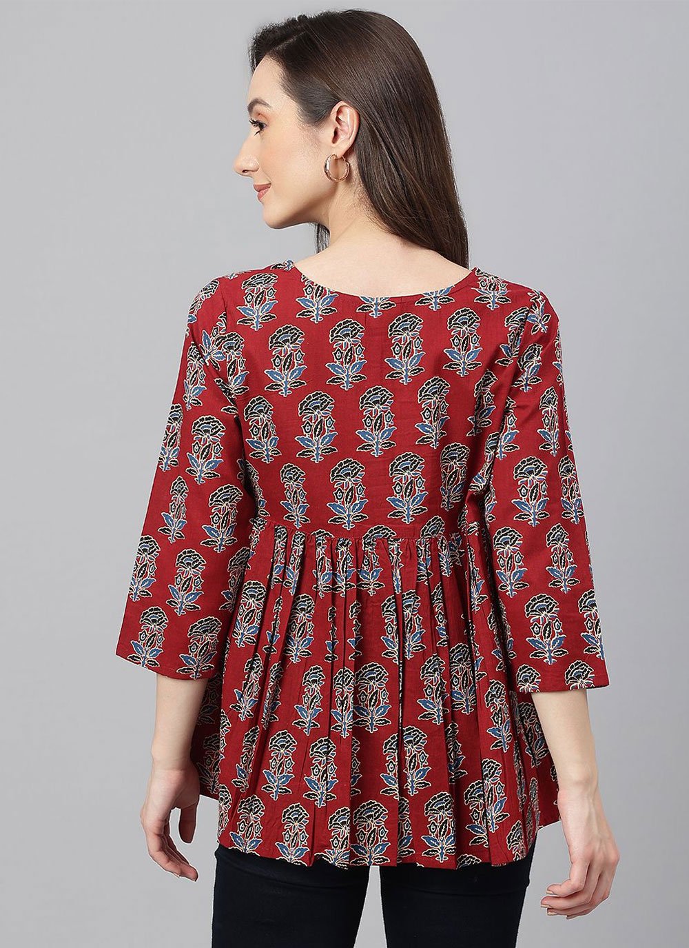 Designer Kurti Cotton Maroon Floral Patch Kurtis